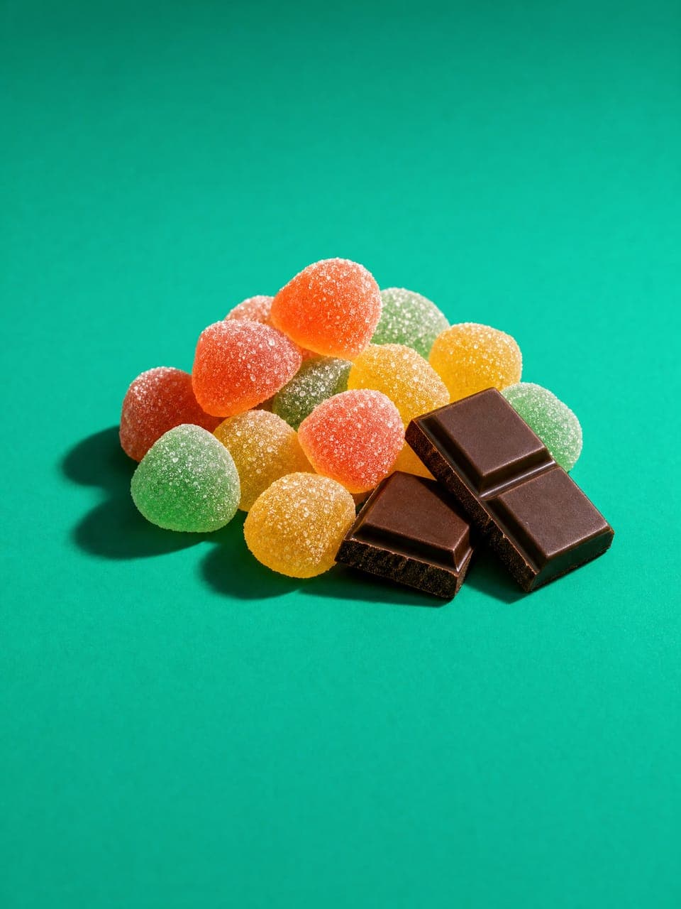Fruit gummies and squares of chocolate on a teal backdrop