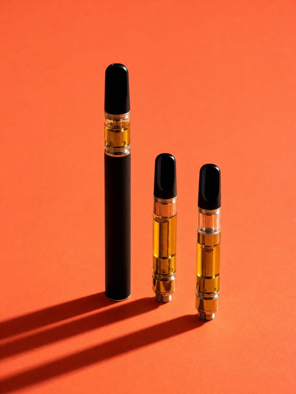 Three vape cartridges standing on an orange backdrop