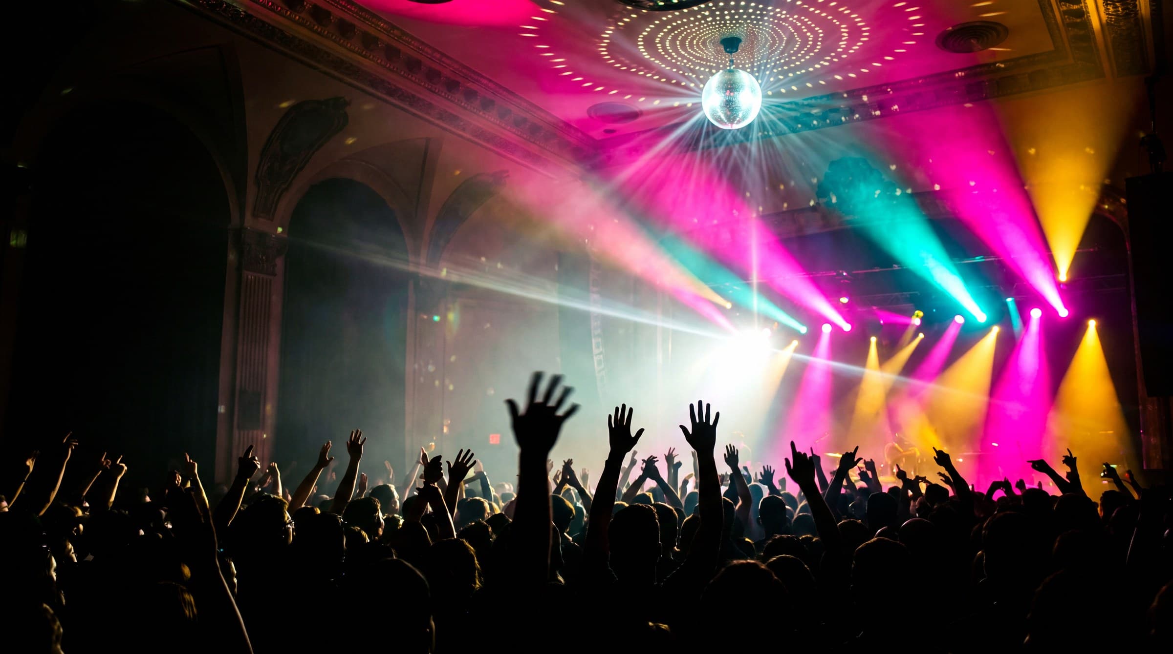 A crowd with hands up under pink and green stage lights at a concert