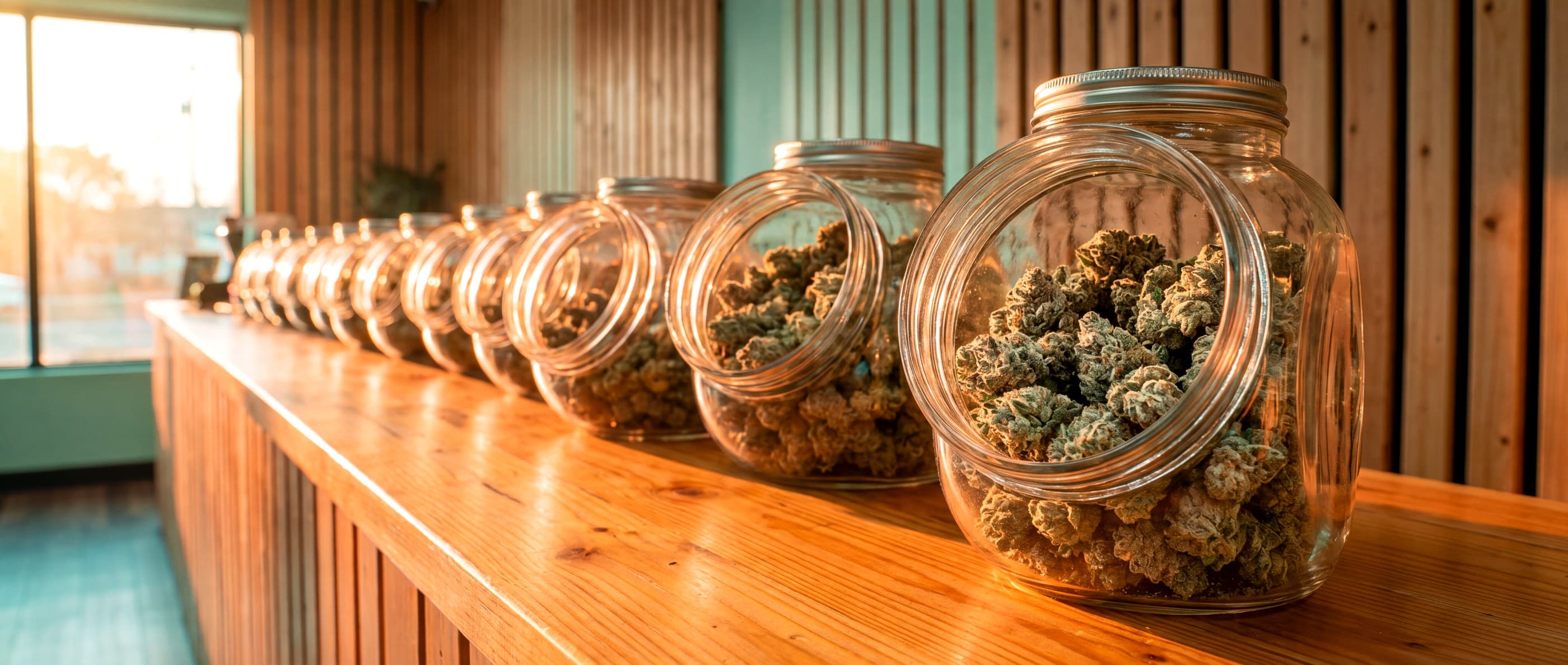 Glass jars of flower lined up along a wooden counter