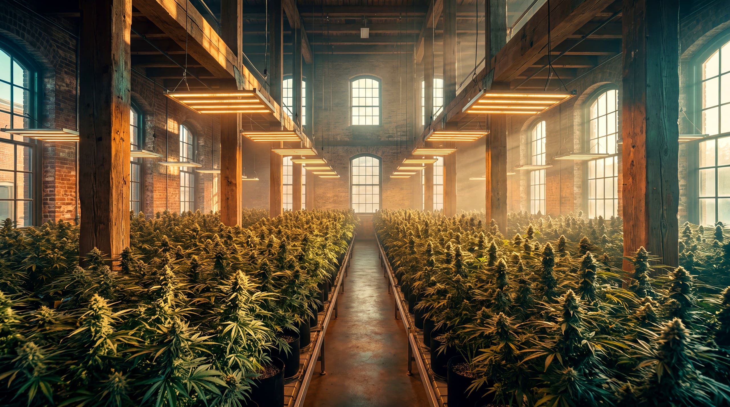 Rows of cannabis plants growing in a brick warehouse